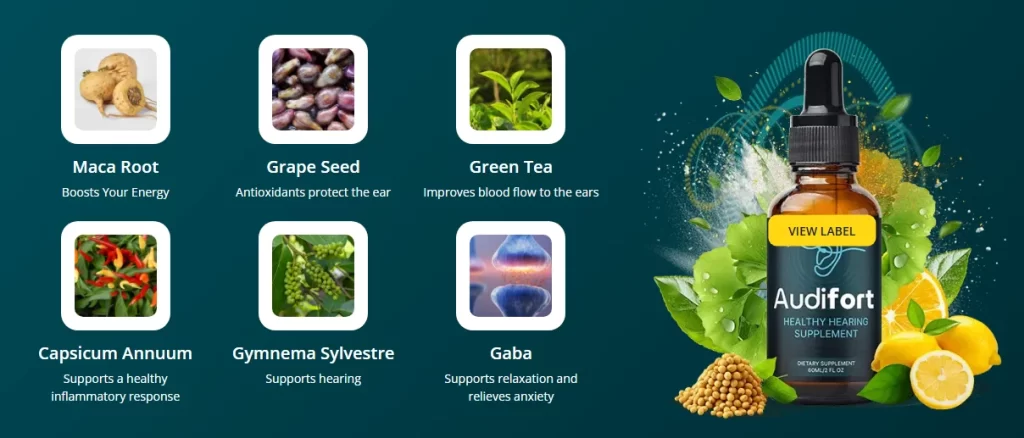 This promotional image features a bottle of Audifort, a dietary supplement designed to support hearing health. The bottle includes a dropper and is surrounded by natural ingredients and leaves. Six key ingredients are highlighted with their benefits