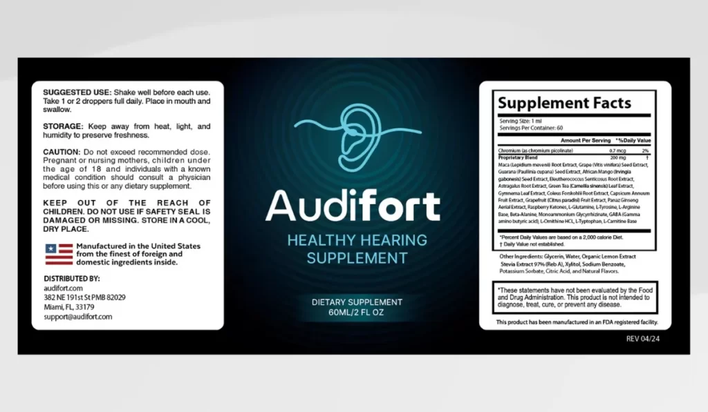 The image displays the packaging of Audifort, a dietary supplement formulated to support healthy hearing. The label provides comprehensive product information, including usage guidelines, safety precautions, ingredient details, and manufacturer data.