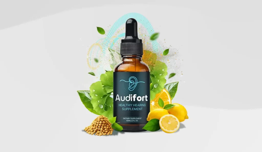 The image showcases a bottle of Audifort Healthy Hearing Supplement, a dietary product designed to support auditory health. The bottle is amber-colored with a sleek black dropper cap, giving it a professional and trustworthy appearance. The label features an ear icon and reads